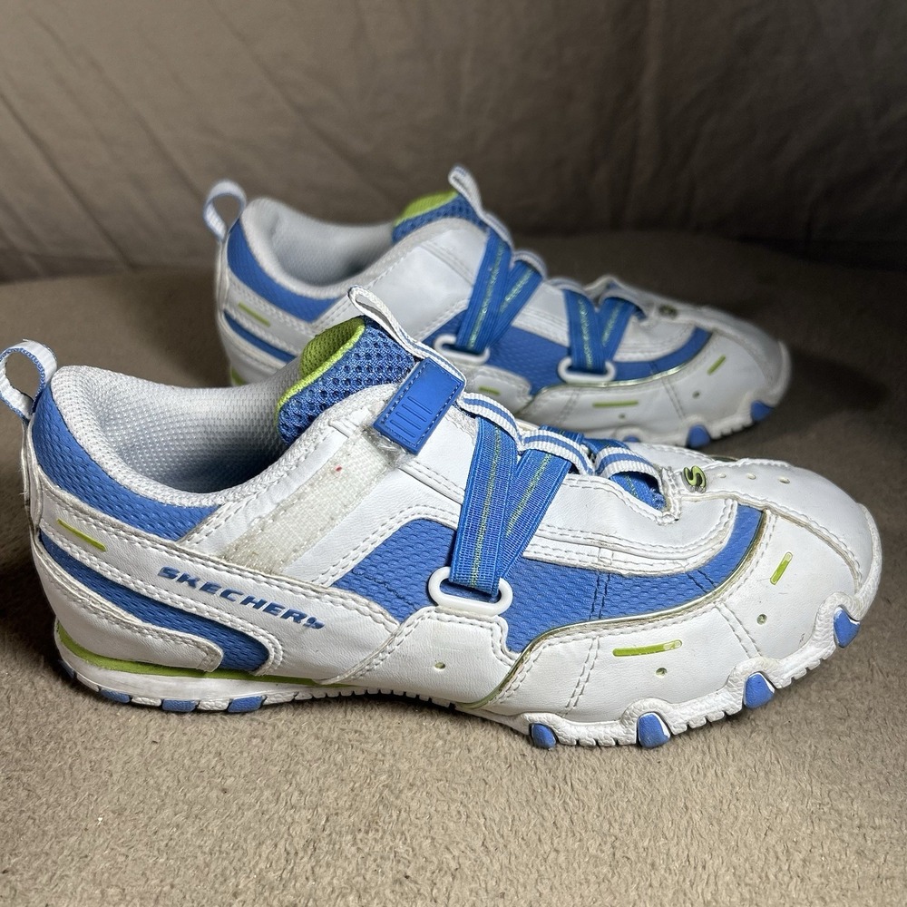 Skechers Sport Kids Shoes Size 3 Blue White Green Elastic Strap Sneakers
